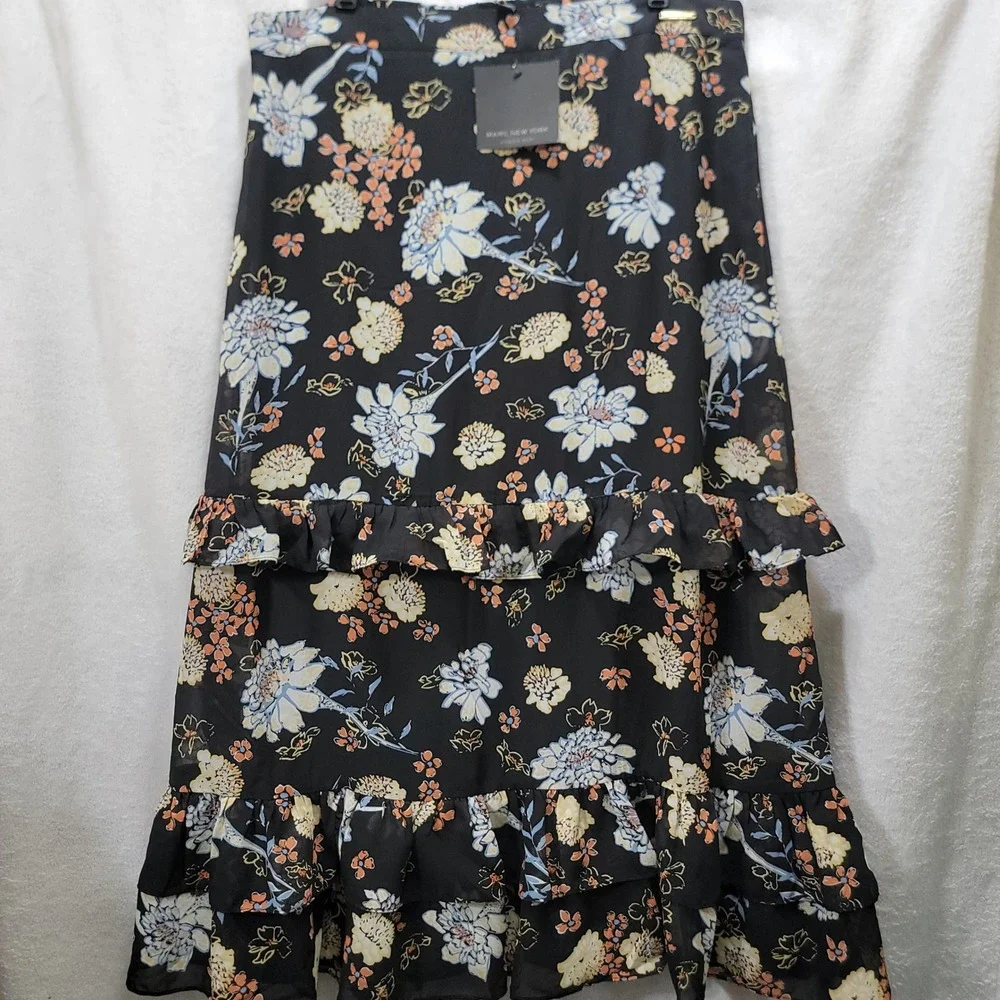 NEW Marc New York Andrew Marc Black Floral Ruffle Midi Skirt XL‎ Style M5MST283